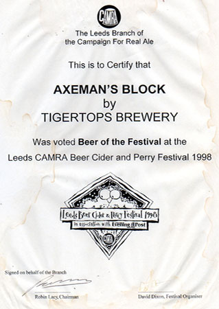 Axeman's Block by Tigertops Brewery Leeds CAMRA Festival award
